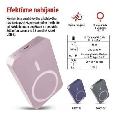 Power banka EMOS WI 1046, 10 000 mAh, 20 W+Wireless, lososová