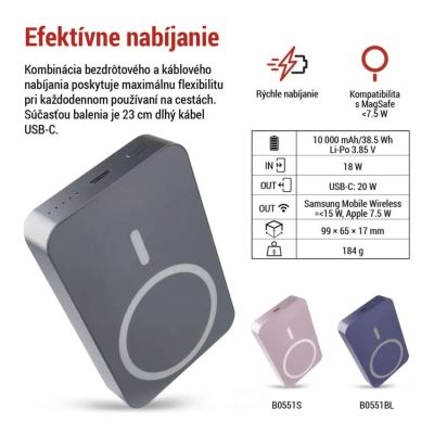 Power banka EMOS WI 1046, 10 000 mAh, 20 W+Wireless, šedá