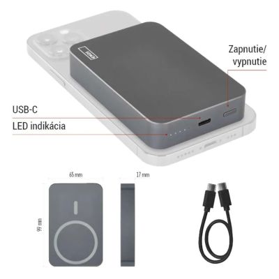 Power banka EMOS WI 1046, 10 000 mAh, 20 W+Wireless, šedá