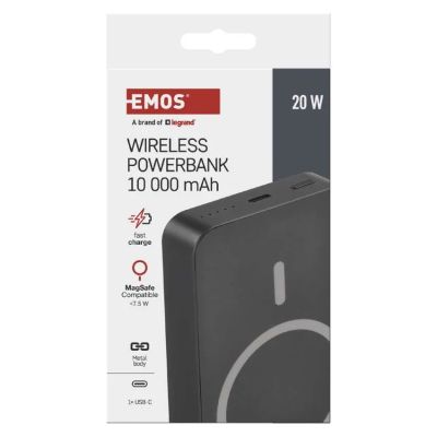 Power banka EMOS WI 1046, 10 000 mAh, 20 W+Wireless, šedá