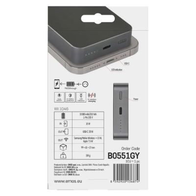Power banka EMOS WI 1046, 10 000 mAh, 20 W+Wireless, šedá