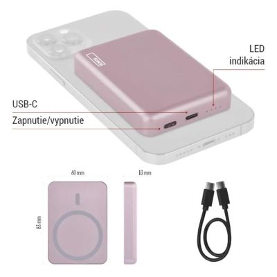 Power banka EMOS WI 522, 5 000 mAh, 20 W+Wireless, lososová