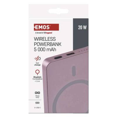 Power banka EMOS WI 522, 5 000 mAh, 20 W+Wireless, lososová