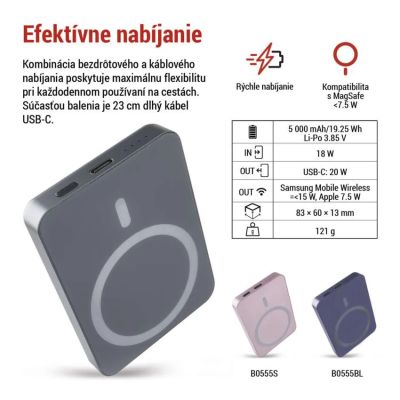 Power banka EMOS WI 522, 5 000 mAh, 20 W+Wireless, šedá