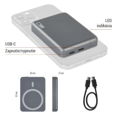Power banka EMOS WI 522, 5 000 mAh, 20 W+Wireless, šedá