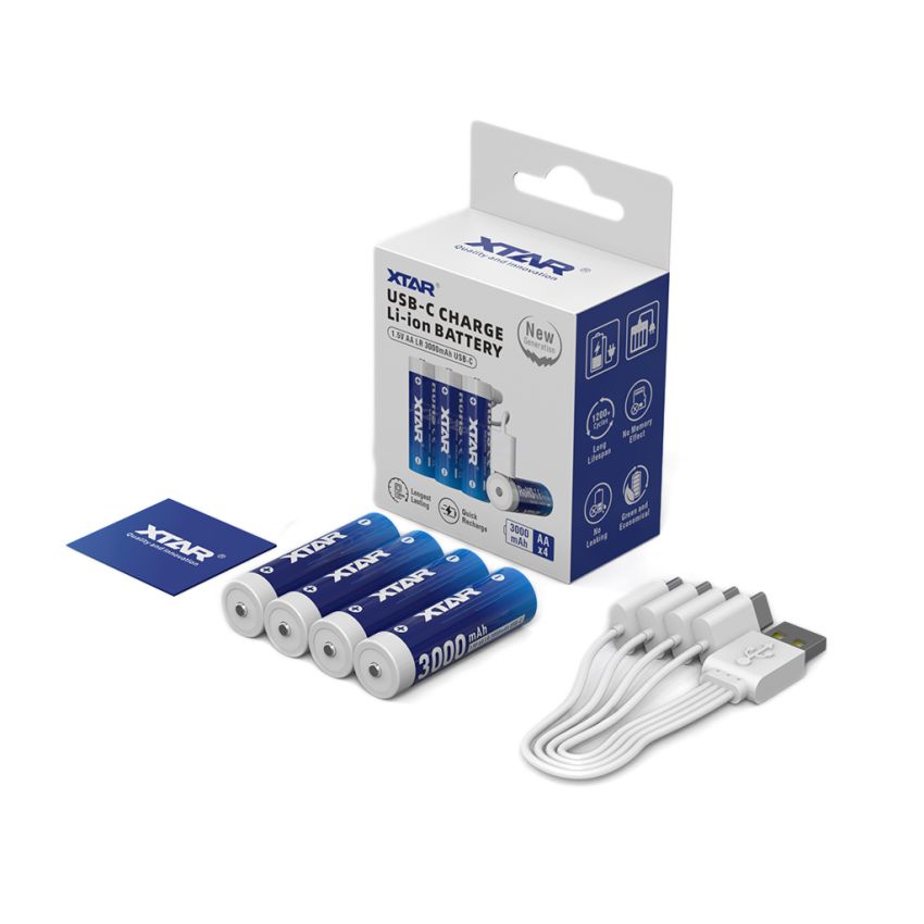 Hlavný obrázok USB-C nabíjateľný 4x akumulátor XTAR AA Li-ion LR 3000mAh 1,5V 2,5A, indikátor nízkej Voltáže, chránený + Štvornásobný nabíjací USB-C kábel