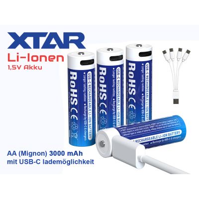 USB-C nabíjateľný 4x akumulátor XTAR AA Li-ion LR 3000mAh 1,5V 2,5A, indikátor nízkej Voltáže, chránený + Štvornásobný nabíjací USB-C kábel