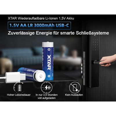 USB-C nabíjateľný 4x akumulátor XTAR AA Li-ion LR 3000mAh 1,5V 2,5A, indikátor nízkej Voltáže, chránený + Štvornásobný nabíjací USB-C kábel
